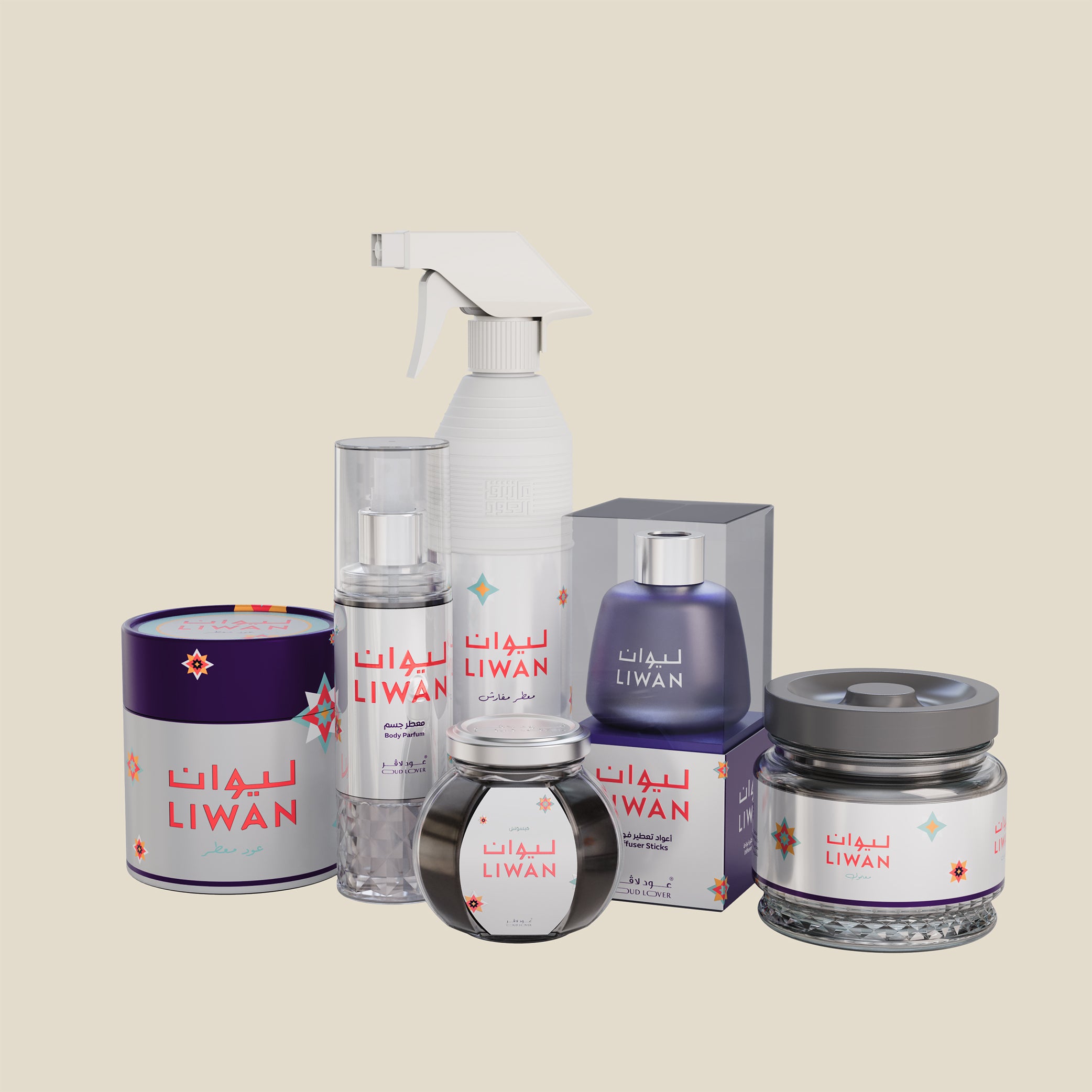 مجموعة ليوان من عود لافر تحتوي على مبسوس، بخور، معمول، معطر مفارش، معطر جسم وعواد تعطير