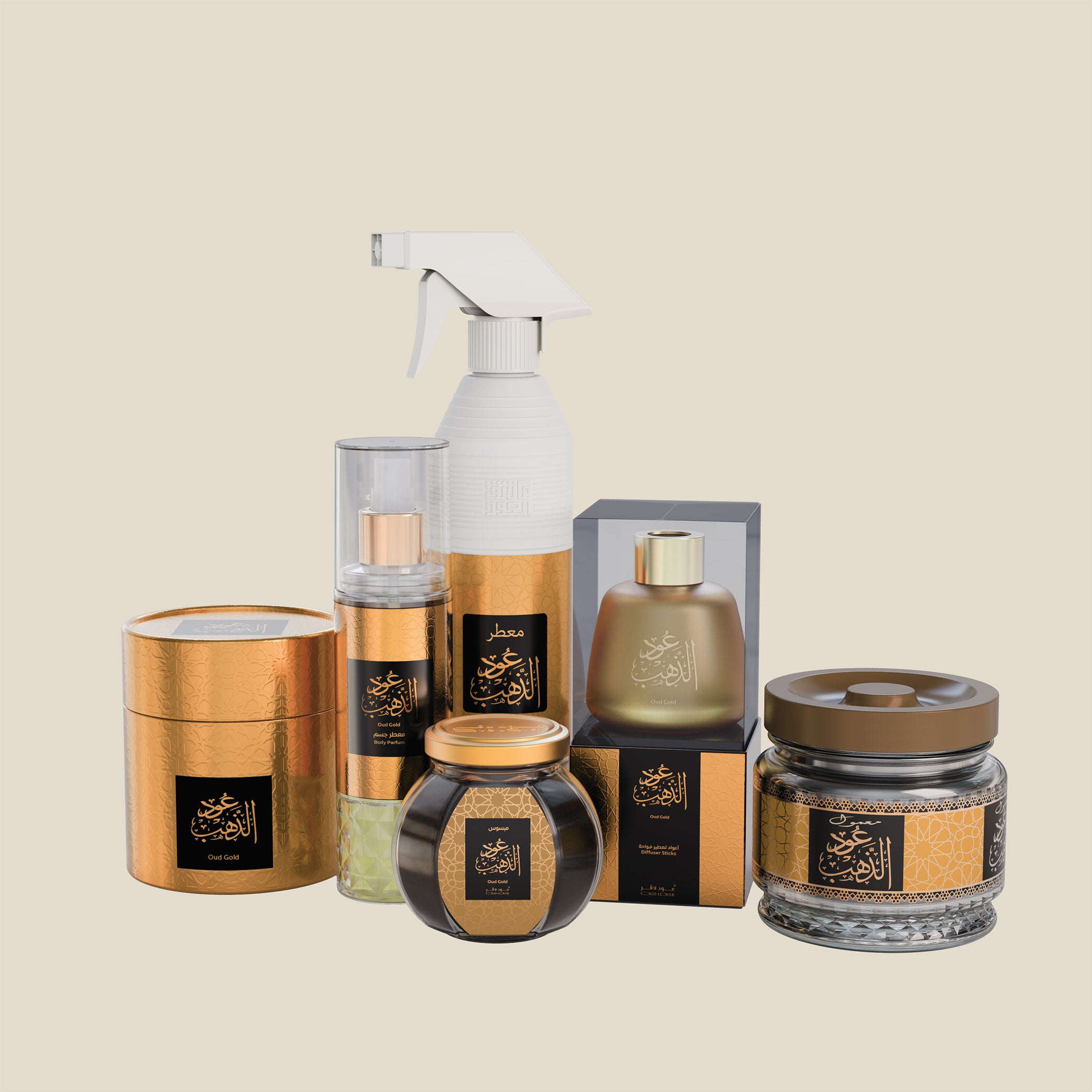 مجموعة عود الذهب من عود لافر تحتوي على معمول، بخور، مبسوس، معطر مفارش، معطر جسم وأعواد تعطير